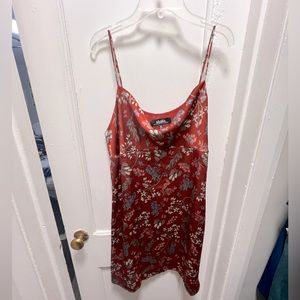 Lulu’s - Cowl Neck Satin Mini Dress - Copper & Florals